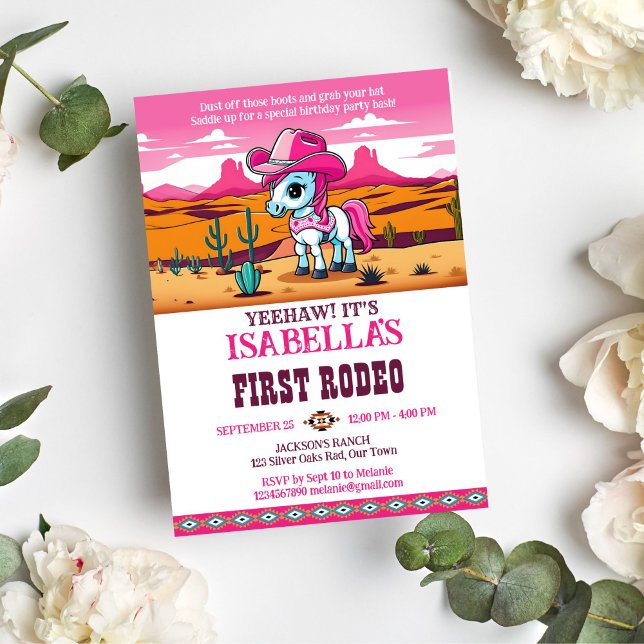 Invitación Primera fiesta de cumpleaños de rodeo lindo bebé b (First rodeo pink cowgirl baby horse birthday party template invitation digital download wild west)