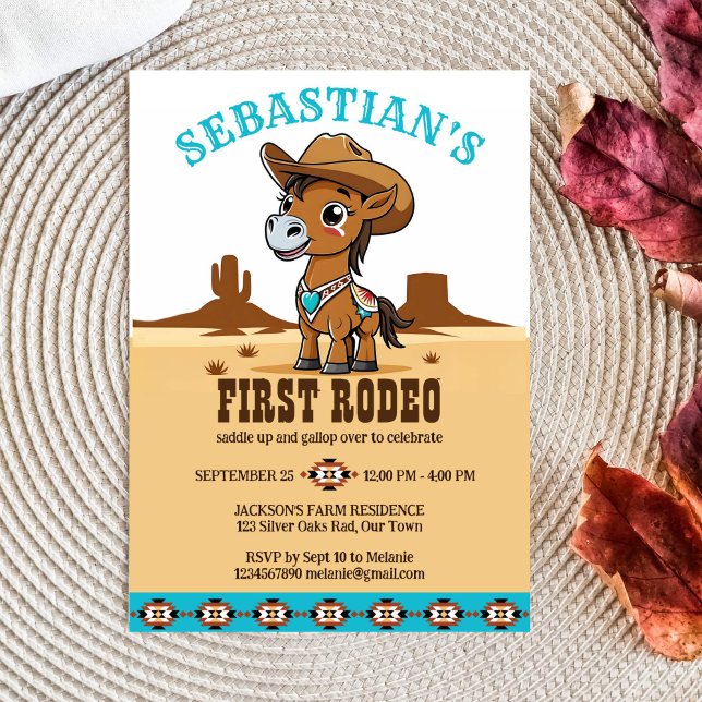 Invitación Primera fiesta de cumpleaños de Rodeo lindo cowboy (First rodeo western birthday party template invitation digital download cute baby horse cowboy hat)