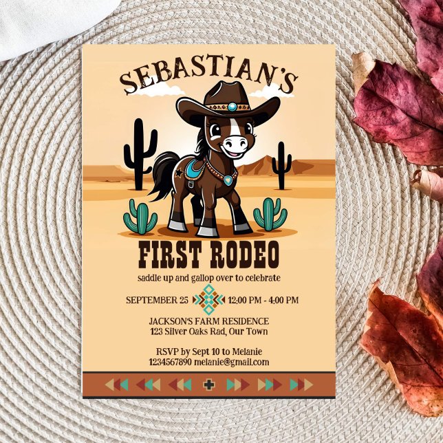 Invitación Primera fiesta de cumpleaños de Rodeo lindo cowboy (First rodeo cute cowboy baby horse in a hat birthday party template download western Arizona desert)