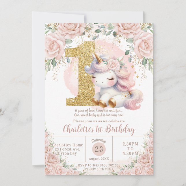 Invitación Primera fiesta de cumpleaños de Rubor Pink Floral  (Anverso)