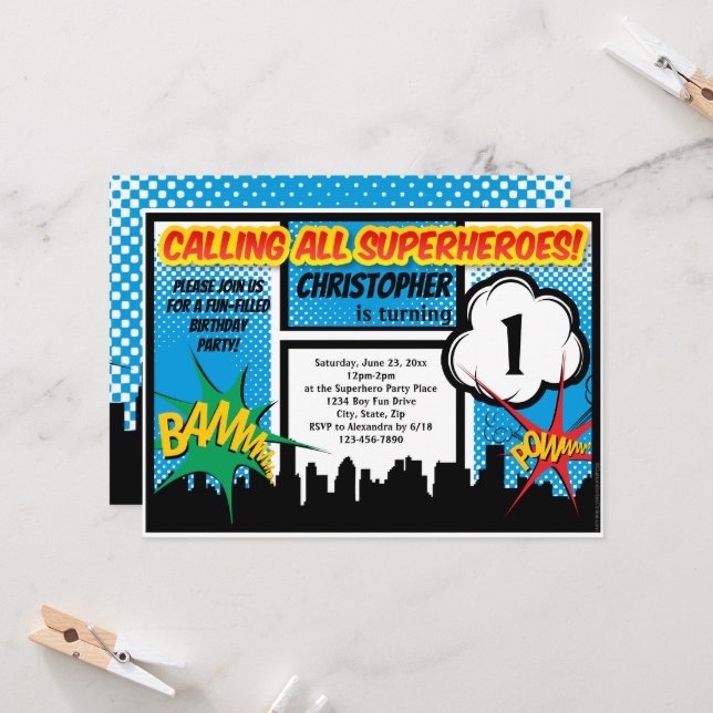 Invitación Primera fiesta de cumpleaños de Superhéroe cómico (Anverso/Reverso In Situ)