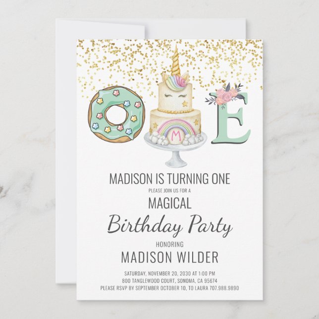 Invitación Primera fiesta de cumpleaños de Unicorn (Anverso)