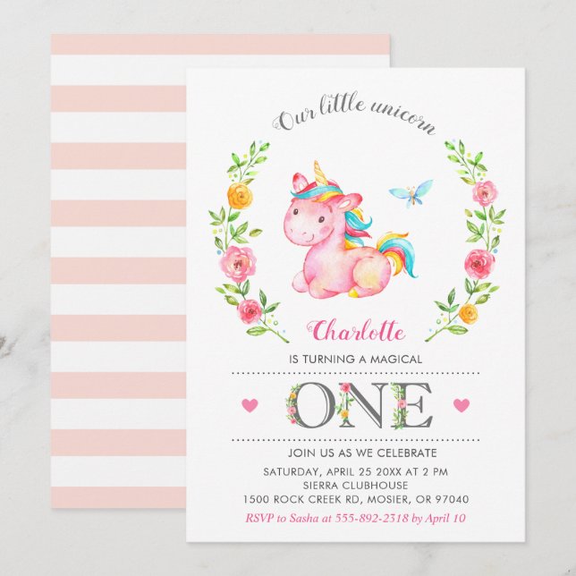 Invitación Primera fiesta de cumpleaños de Unicorn Baby Flora (Anverso / Reverso)