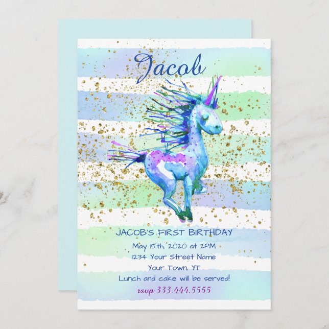 Invitación Primera fiesta de cumpleaños de Unicorn Magic Wate (Anverso / Reverso)