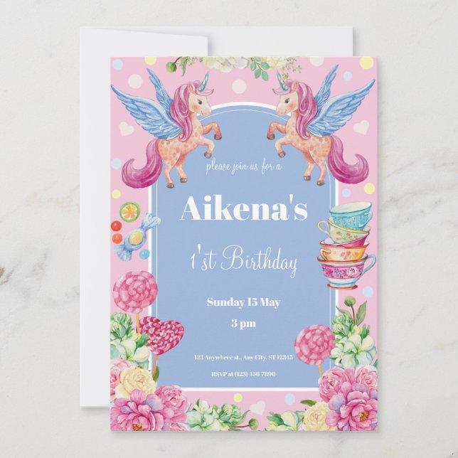 Invitación Primera fiesta de cumpleaños de Unicornio mágica (Anverso)