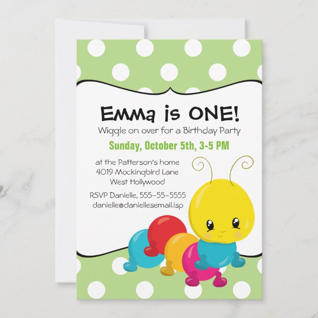 Invitación Primera fiesta de cumpleaños de Wiggle Worm (Anverso)