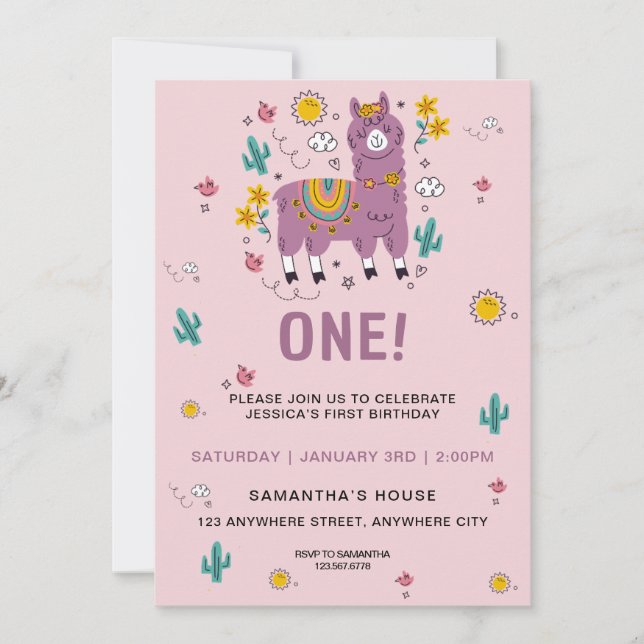 Invitación Primera fiesta de cumpleaños del Chica de Pink lla (Anverso)