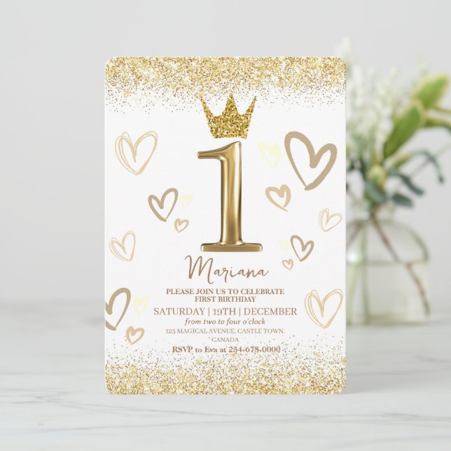 Invitación Primera fiesta de cumpleaños del purpurina de Oro  (Anverso de pie)