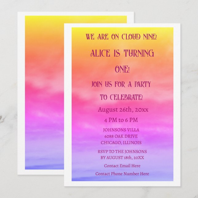 Invitación Primera fiesta de cumpleaños Nueve en la Nube Prim (Anverso / Reverso)