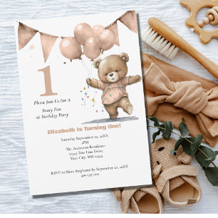 Invitación Primera fiesta de cumpleaños número 1 de niña osa 