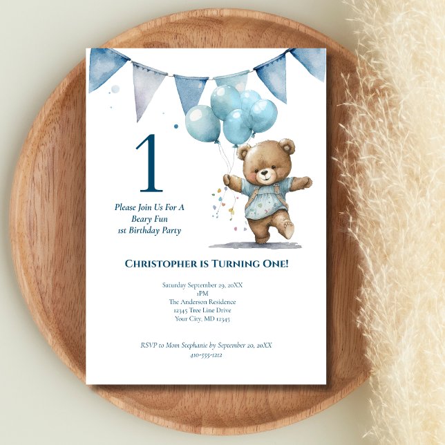 Invitación Primera fiesta de cumpleaños número 1 del bebé Niñ (First Birthday Baby boy Bear Invitation. Printed or Digital Download.)