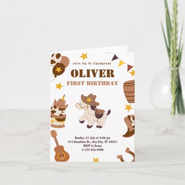 Invitación Primera Fiesta de Cumpleaños Rodeo Niños 1ra Tarje (Anverso)