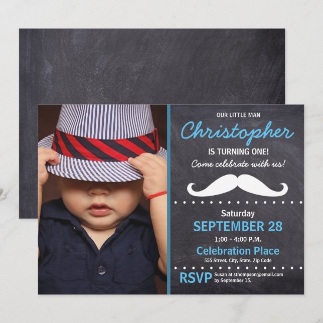 Invitación Primera fiesta de cumpleaños, tema de Mustache, fo (Anverso / Reverso)