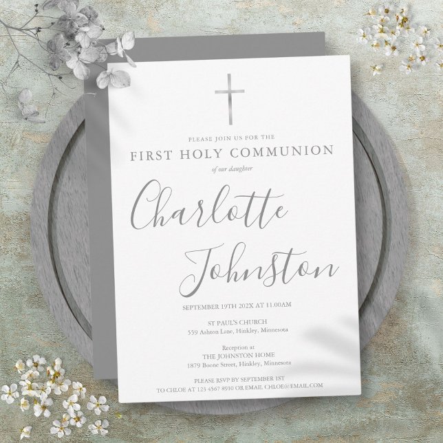 Invitación Primera firma de plata moderna de la comunidad sag (First Holy Communion Modern Silver Signature Invitation)