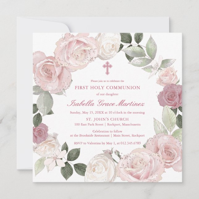 Invitación Primera flor rosa rosa de la comunión sagrada (Anverso)