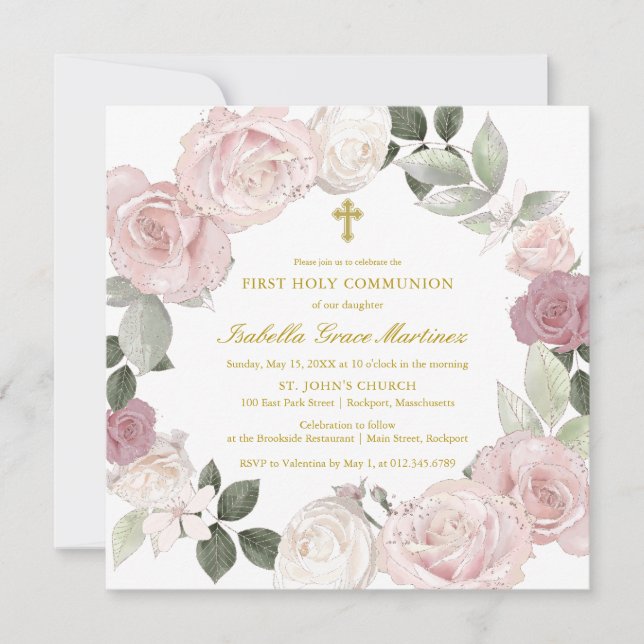 Invitación Primera flor rosa rosa de la comunión sagrada