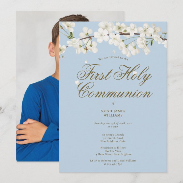 Invitación Primera foto azul de la Comunión Blanca con Flor (Anverso / Reverso)