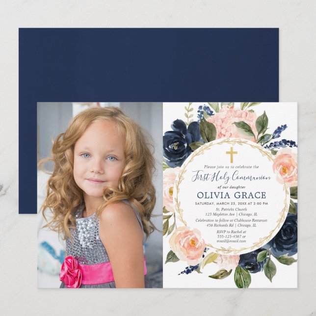 Invitación Primera foto azul de la marina rosa de la Santa Co (Anverso / Reverso)