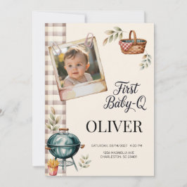Invitación Primera Foto de Bebé Q Barbacoa Cumpleaños 1 Niño 