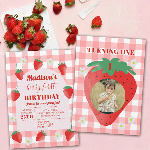 Invitación Primera foto de Berry First Birthday Strawberry