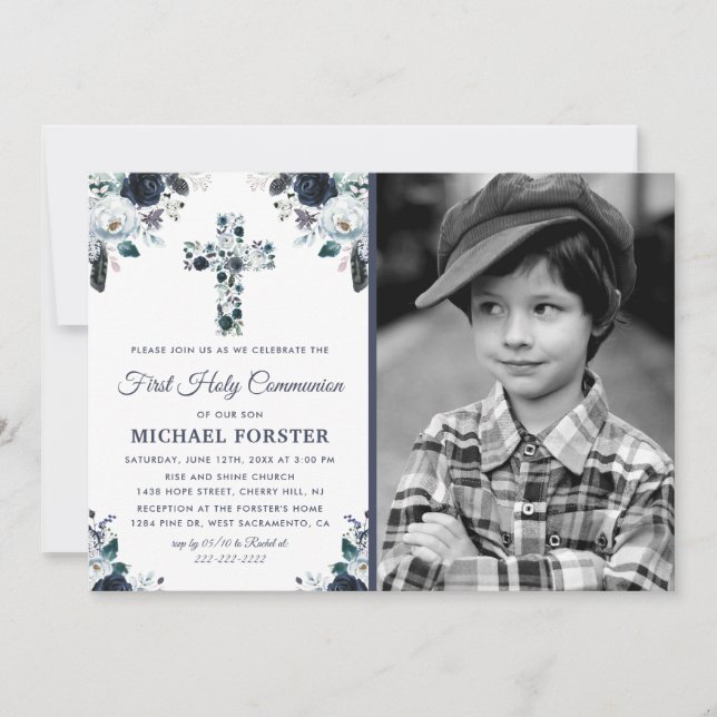 Invitación Primera foto de cruz floral para niños de la Santa (Anverso)