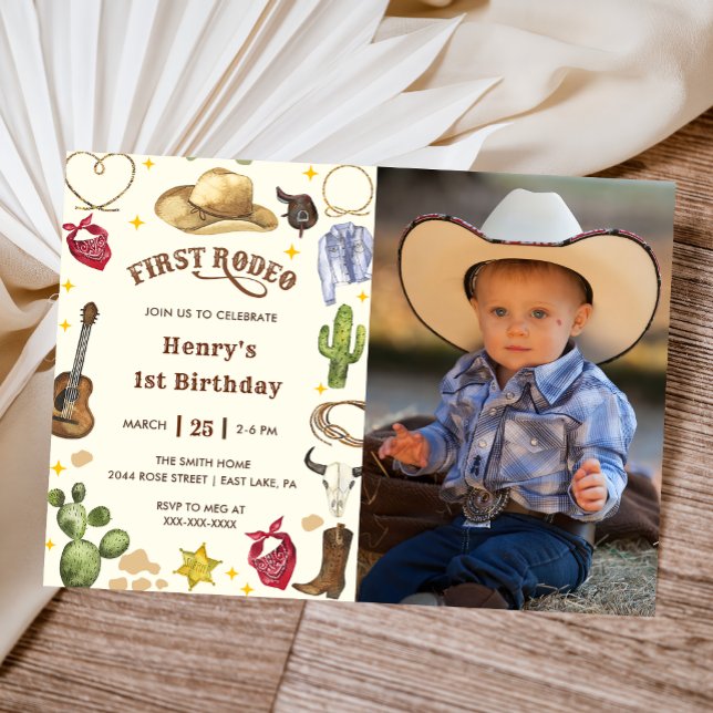 Invitación Primera foto de cumpleaños de Cowboy en Rodeo (Subido por el creador)