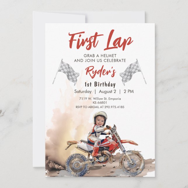 Invitación Primera foto de cumpleaños de Lap Little Racer (Anverso)
