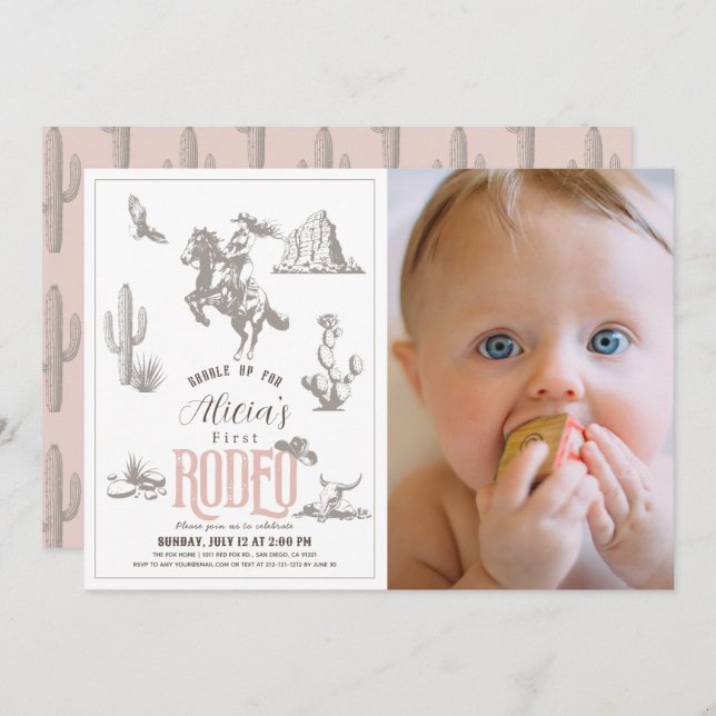 Invitación Primera foto de cumpleaños de Rodeo Cowgirl Pink (Anverso / Reverso)