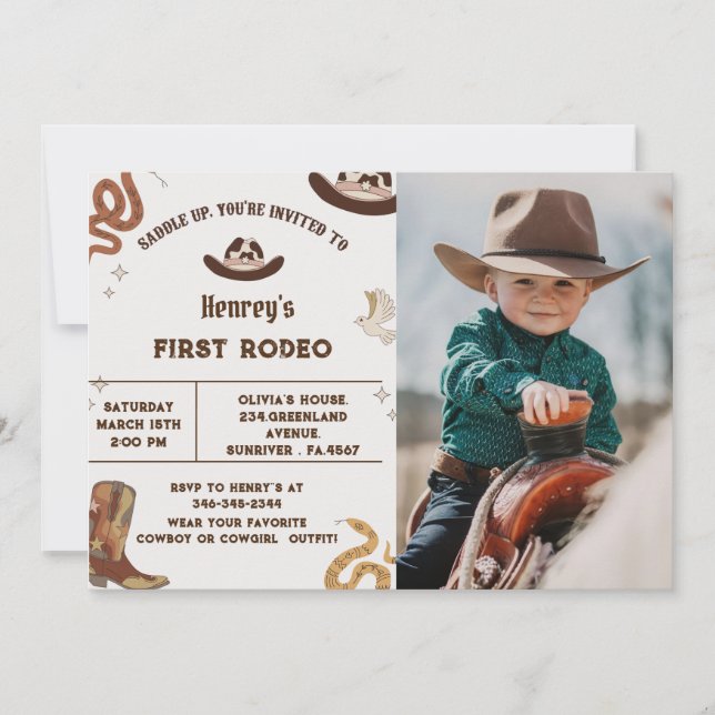 Invitación Primera foto de cumpleaños de Rodeo Western Cowboy (Anverso)