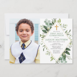 Invitación Primera foto de eucalipto moderno de la comunión s