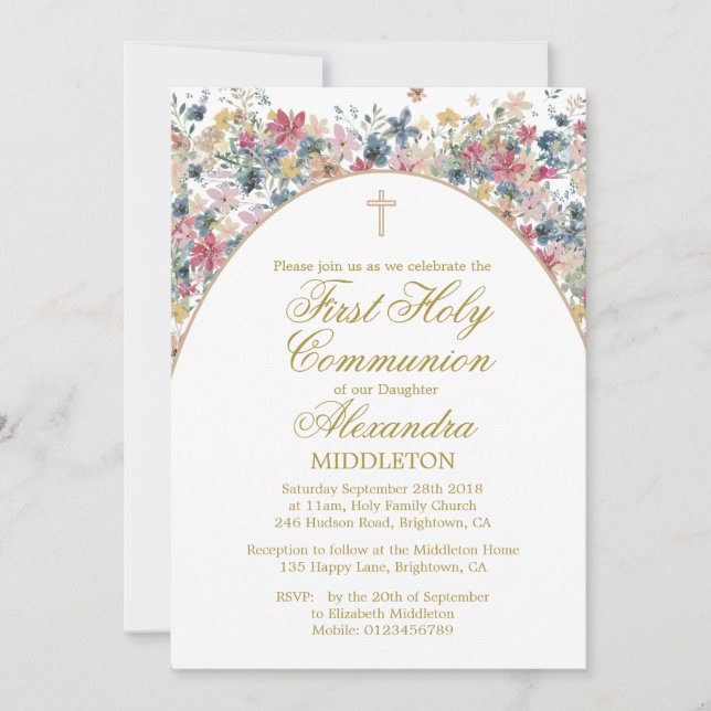 Invitación Primera foto de la Santa Comunión Flores de campo  (Anverso)