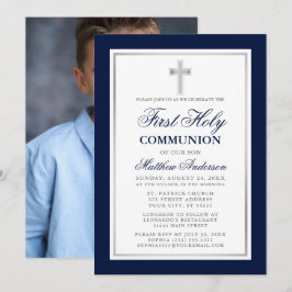 Invitación Primera foto de plata azul de la comunión sagrada