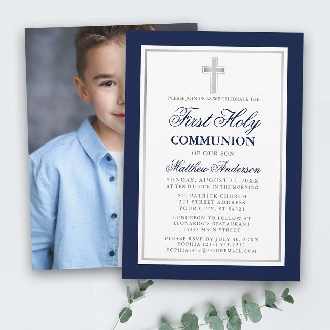 Invitación Primera foto de plata azul de la comunión sagrada (Customize to change text size or text style.)