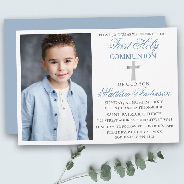 Invitación Primera foto de plata azul en la comunión sagrada (Customize to change text size, text style or color of back of card.)