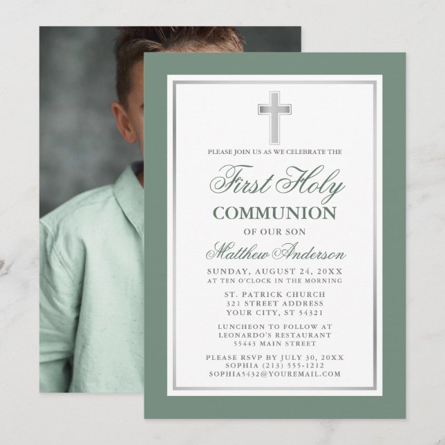 Invitación Primera foto de plata verde de la sagrada comunión (Anverso / Reverso)