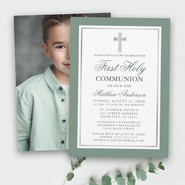 Invitación Primera foto de plata verde de la sagrada comunión (Customize to change text size or text style.)