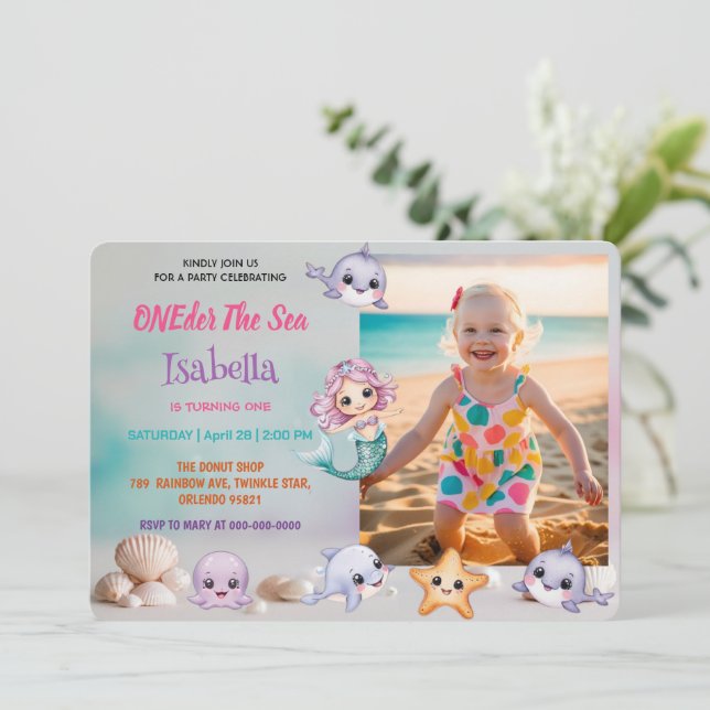 Invitación Primera foto de sirena bajo el cumpleaños del mar (Anverso de pie)