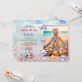 Invitación Primera foto de sirena bajo el cumpleaños del mar