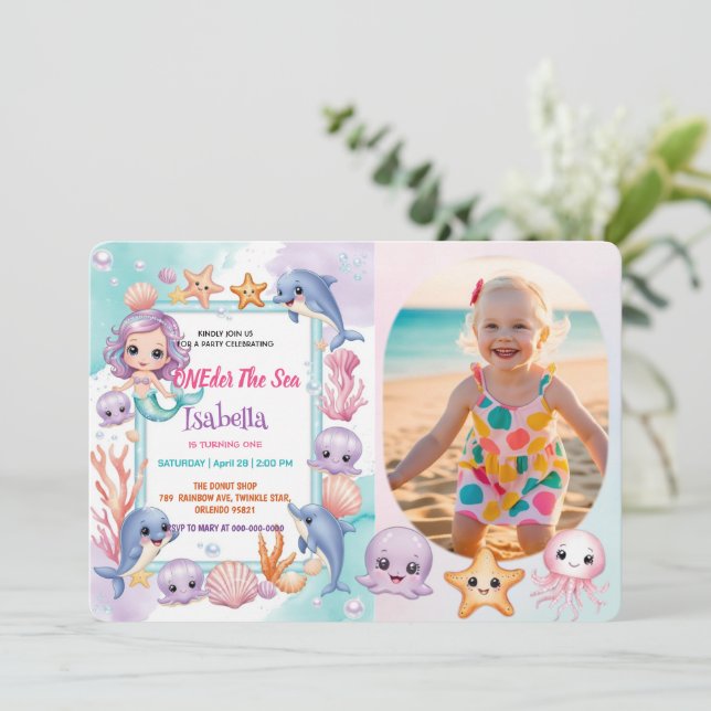 Invitación Primera foto de sirena bajo el cumpleaños del mar (Anverso de pie)