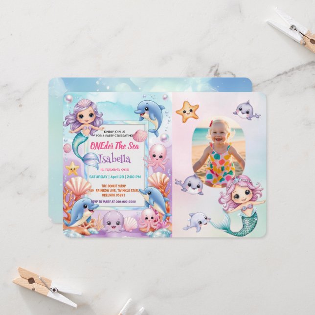 Invitación Primera foto de sirena bajo el cumpleaños del mar (Anverso/Reverso In Situ)
