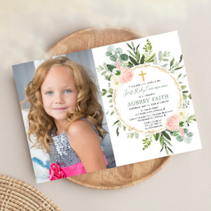 Invitación Primera foto rosa verde del eucalipto de la Santa