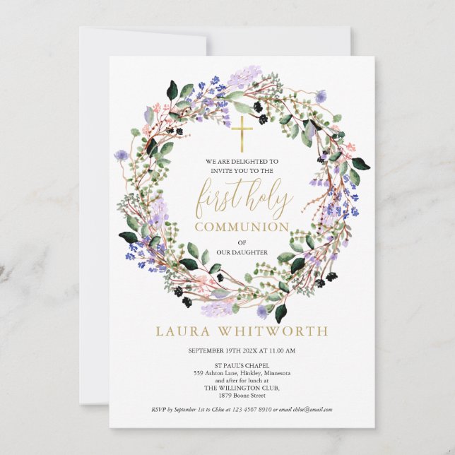 Invitación Primera Garland de lavanda floral de la comunión s (Anverso)