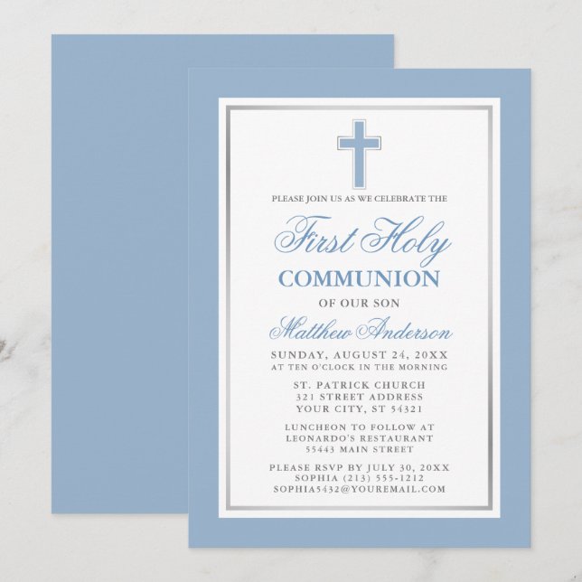 Invitación Primera luz azul y plateada de la comunión sagrada (Anverso / Reverso)
