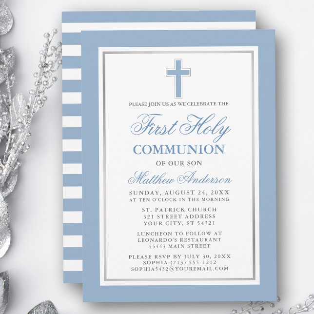Invitación Primera luz de la comunión azul de la luz de la pl (Customize to change text color, size or text style.)