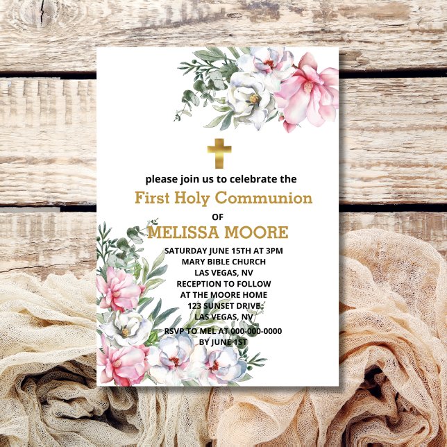 Invitación Primera Magnolia de la Santa Comunión flores blanc (Subido por el creador)