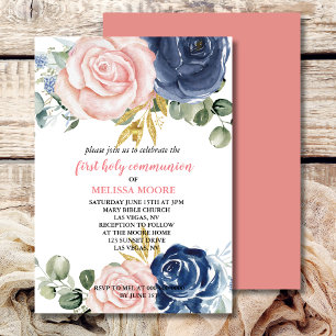 Invitación Primera Marina Floral de Santa Comunión Rosa Azul
