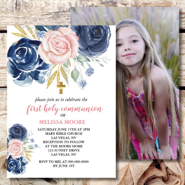 Invitación Primera Marina Floral de Santa Comunión Rosa Azul (Subido por el creador)
