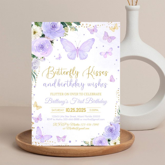 Invitación Primera mariposa besa besa mariposa púrpura cumple (Subido por el creador)