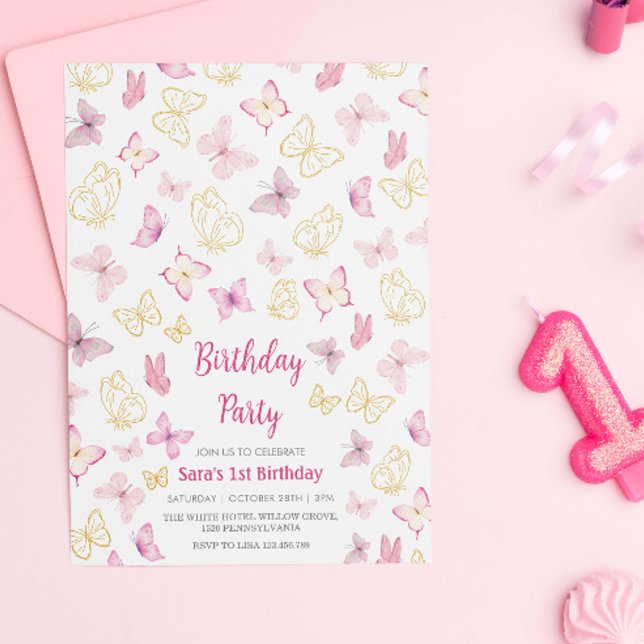 Invitación Primera mariposa color rosa de cumpleaños (Subido por el creador)