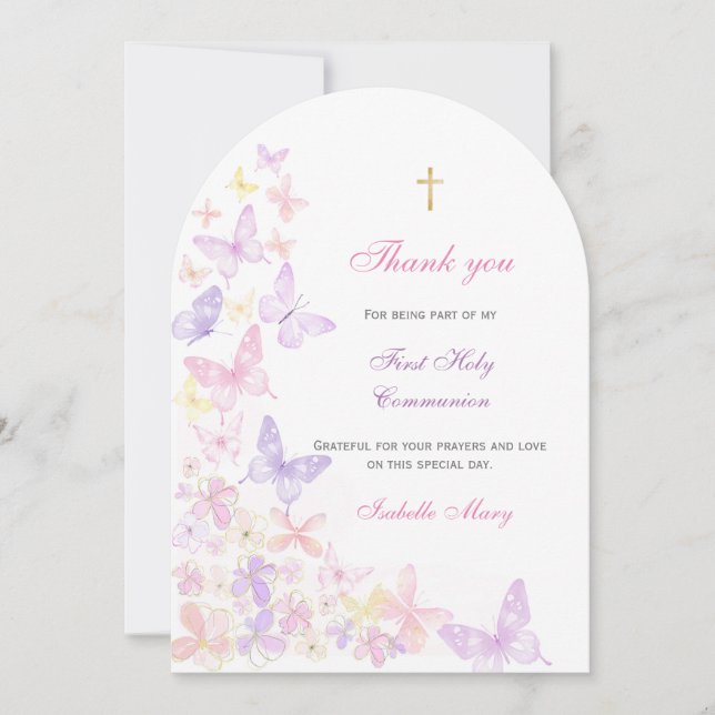 Invitación Primera Mariposa Rosa De La Santa Comunión Gracias (Anverso)